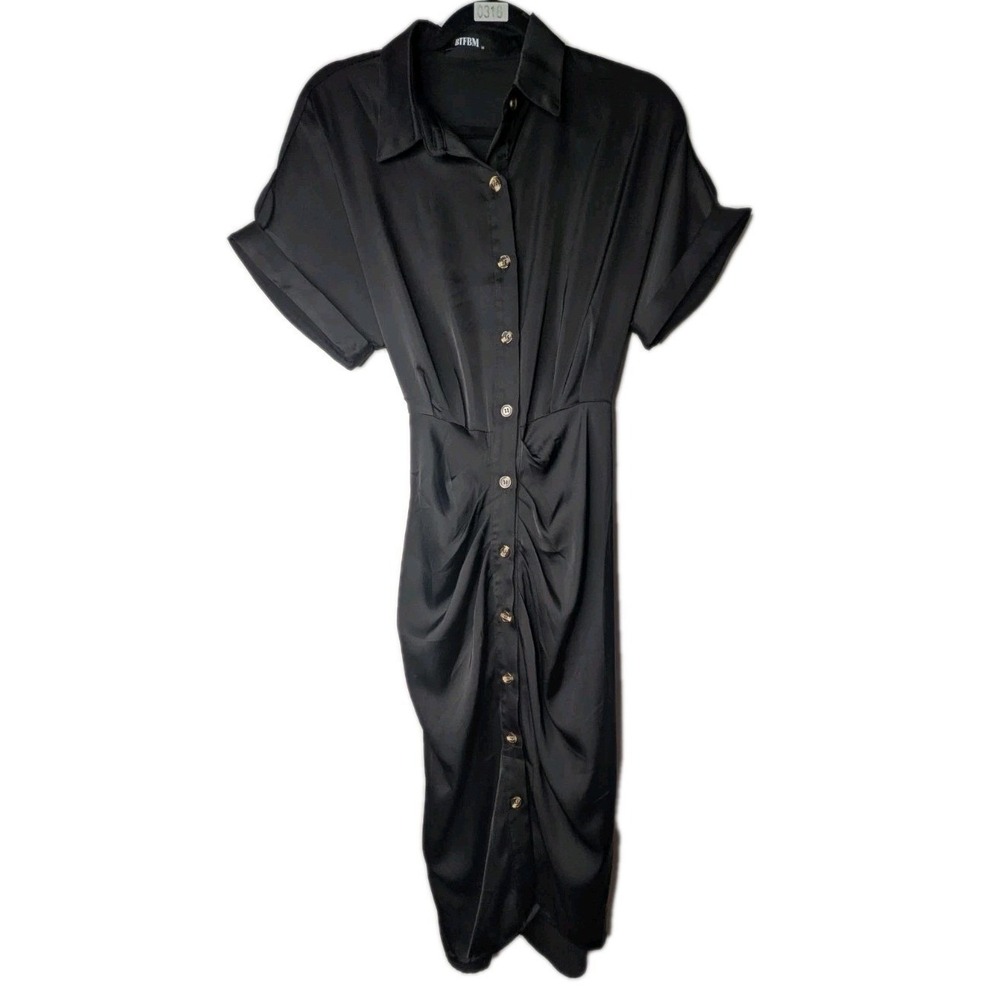 BTFBM Women's Button Down Dress Medium Black Collar Tie Classy Formal Cocktail